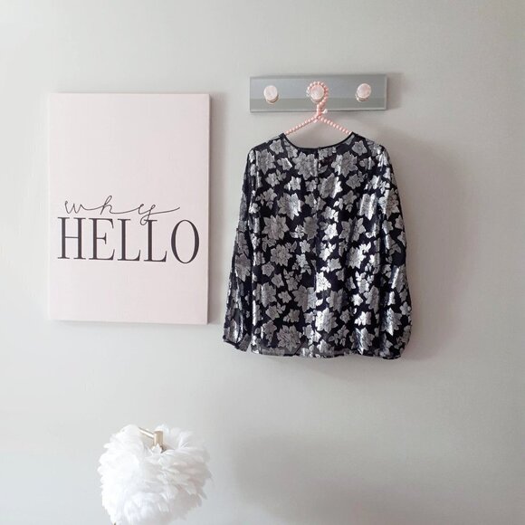 NWT Club Monaco black & silver metallic fibre burnout floral print sheer blouse - Picture 15 of 16